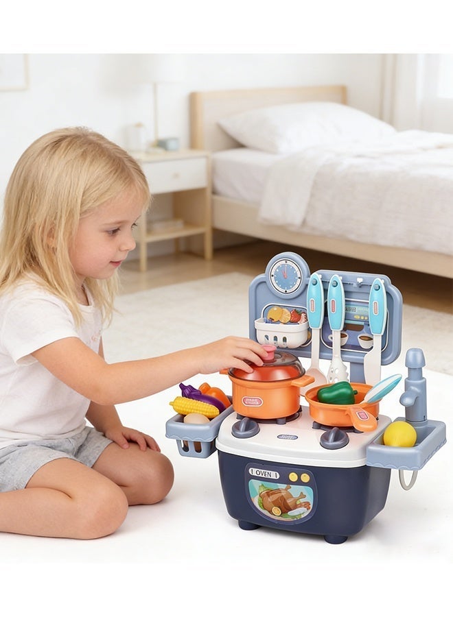 Kitchen Playset Pretend Play Toy Set with Stove Sink Oven Play Food Toy  Kitchen Accessories Mini kitchen Cooking Set Role Playing Game Pretend Food and Cooking Playset Learning Gift for Age 3+ Boys Girls Kids (Blue) - Image 3